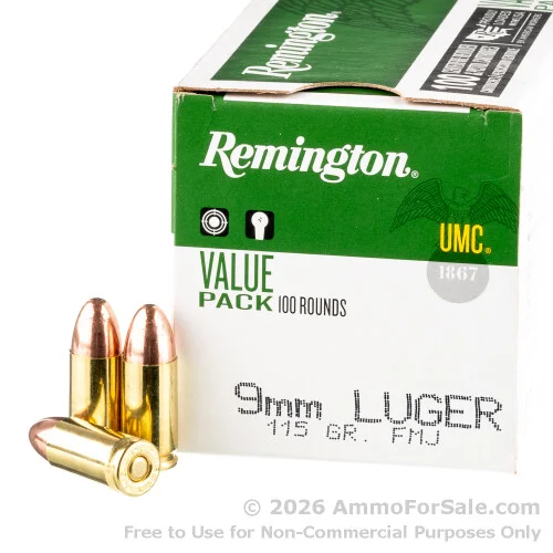 100 Rounds of Discount 115gr MC 9mm Ammo For Sale by Remington