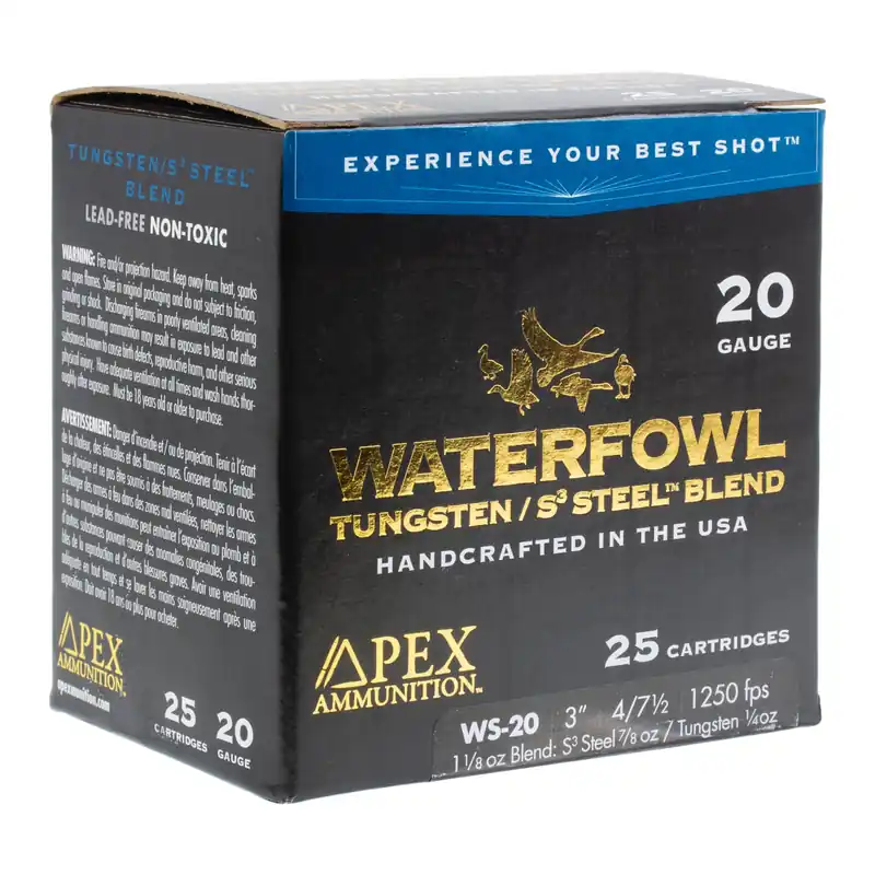 Apex Ammunition Waterfowl Tungsten/S3 Steel Blend, 20ga. 3″ 1-1/8oz. 4 Steel /7.5 TSS Shot, 25 Rnd