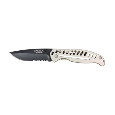 Camillus EDC3 | Folding Knife | Combo Edge | Silver Stainless Steel Handle | Matte Finish | Black | 3" Blade Length | 6.75" Overall Length | AUS-8 Blade Steel | Liner Lock | CAM-19166