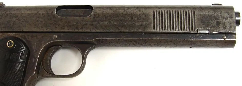 Colt 1902 Sporting .38 Auto caliber pistol manufactured in 1904. Early sporting model with 25% blue, but thinning. Sharp gun wit (c3490)