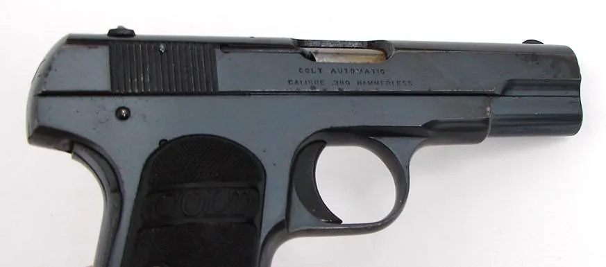Colt 1908 .380 ACP caliber pistol. Manufactured 1916. Excellent bore. Gun has 93-94% original blue. Grips are excellent. Very ni (C6496)