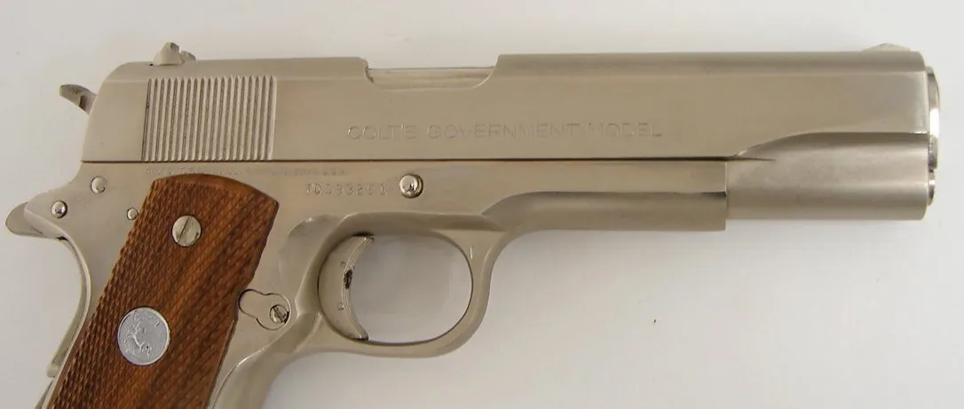Colt Government .45 ACP caliber pistol. Early Series 70 model with scarce factory nickel finish. Shows some carry wear, still ve (c5637)
