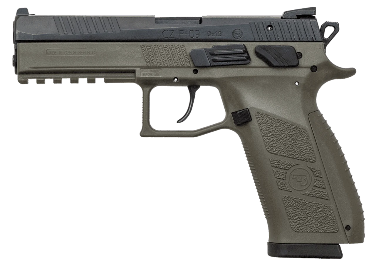 CZ P-09 9mm, 4.54″ Barrel, Nitride Slide Finish, Olive Drab Green, Fixed Sights, Swappable Safety/Decocker, 10rd