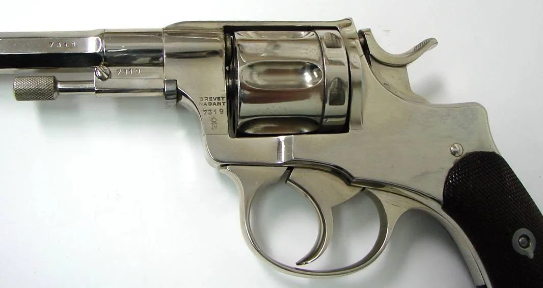 Early Belgian production. Appears to be 7.62 Nagant caliber. Has been expertly nickel plated. Excellent bore and grips. Excellen (AH2736)
