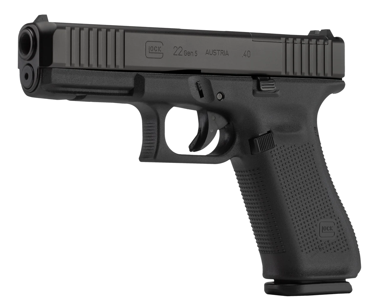 Glock 22 Gen5 M.O.S. Full Size 40S&W, 4.49″ Marksman Barrel, Matte, Ambi Slide Stop Lever, Flared Well, nDLC Slide and Barrel, No Grooves, 3x15rd Mags