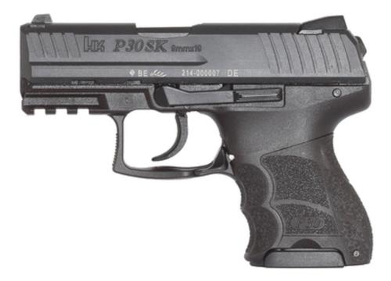 HK, P30SK, V3, Double Action/Single Action, Semi-automatic, Polymer Frame Pistol, Sub Compact, 9mm, 3.27″ Barrel, Matte Finish, Black, 3 Dot Sights, Decocker, 10 Rounds, 2 Magazines
