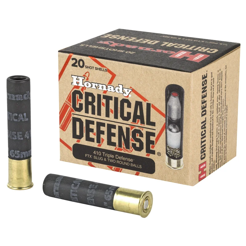 Hornady Critical Defense 410 Bore Ammo 2-1/2″ Triple Defense FTX Slug & Two Round Balls Box of 20 Rounds 86238