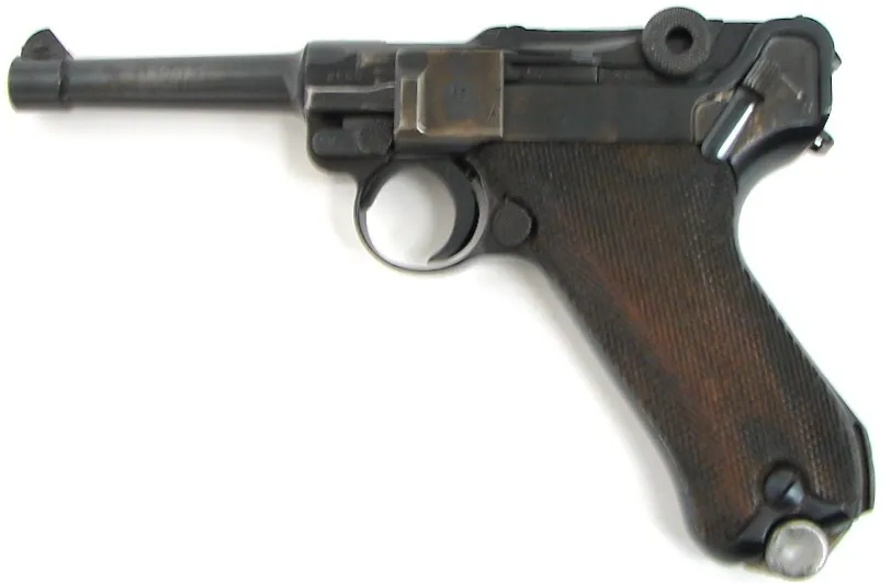 Mauser P08 9mm caliber pistol. Mauser Banner Police (Eagle L police acceptance stamp). Gun is very good with 95% blue and some p (pr13807)