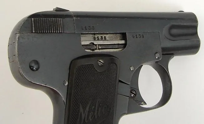 Melior of Belgium .25 Auto caliber pistol. Pre-WWI gun in very good plus condition. Grips are excellent. Nice condition quality (pr10347)