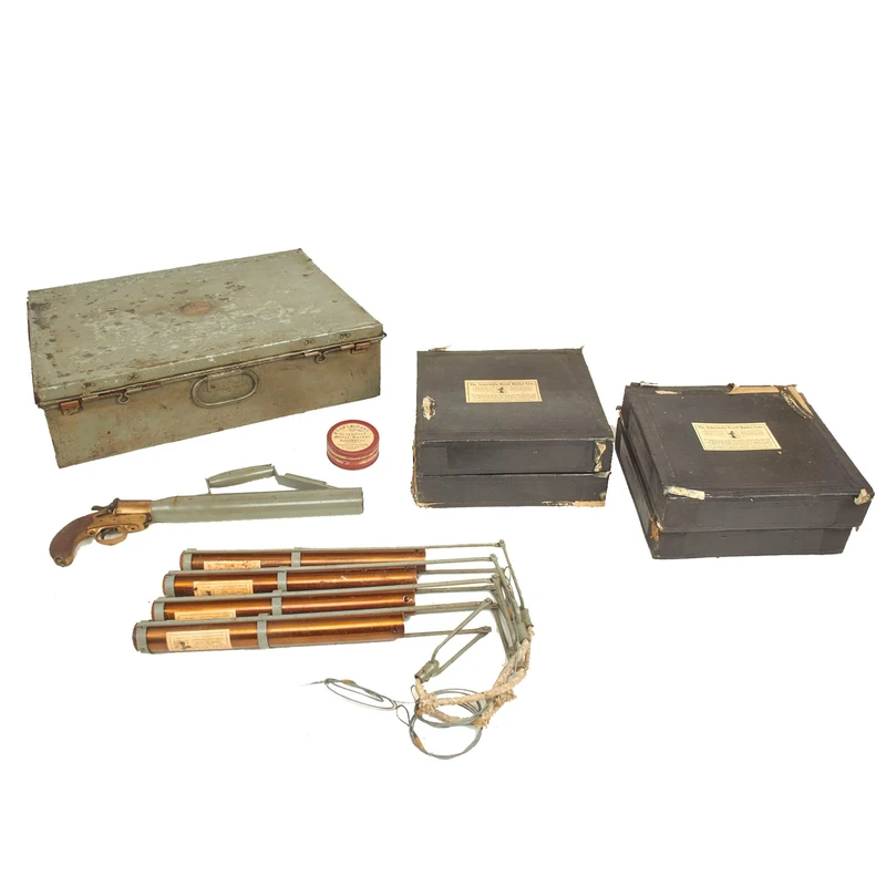 Original British Pre-WWII Schermuly Pistol Rocket Apparatus Rescue Line Thrower Set in Case – Serial No 8931
