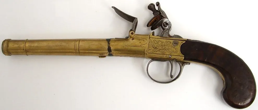 Pair Of Flintlock turnoff barrel pistols by Bunney of London. Brass barrels and frame. Silver wire inlay and silver escutcheon. (ah2080)