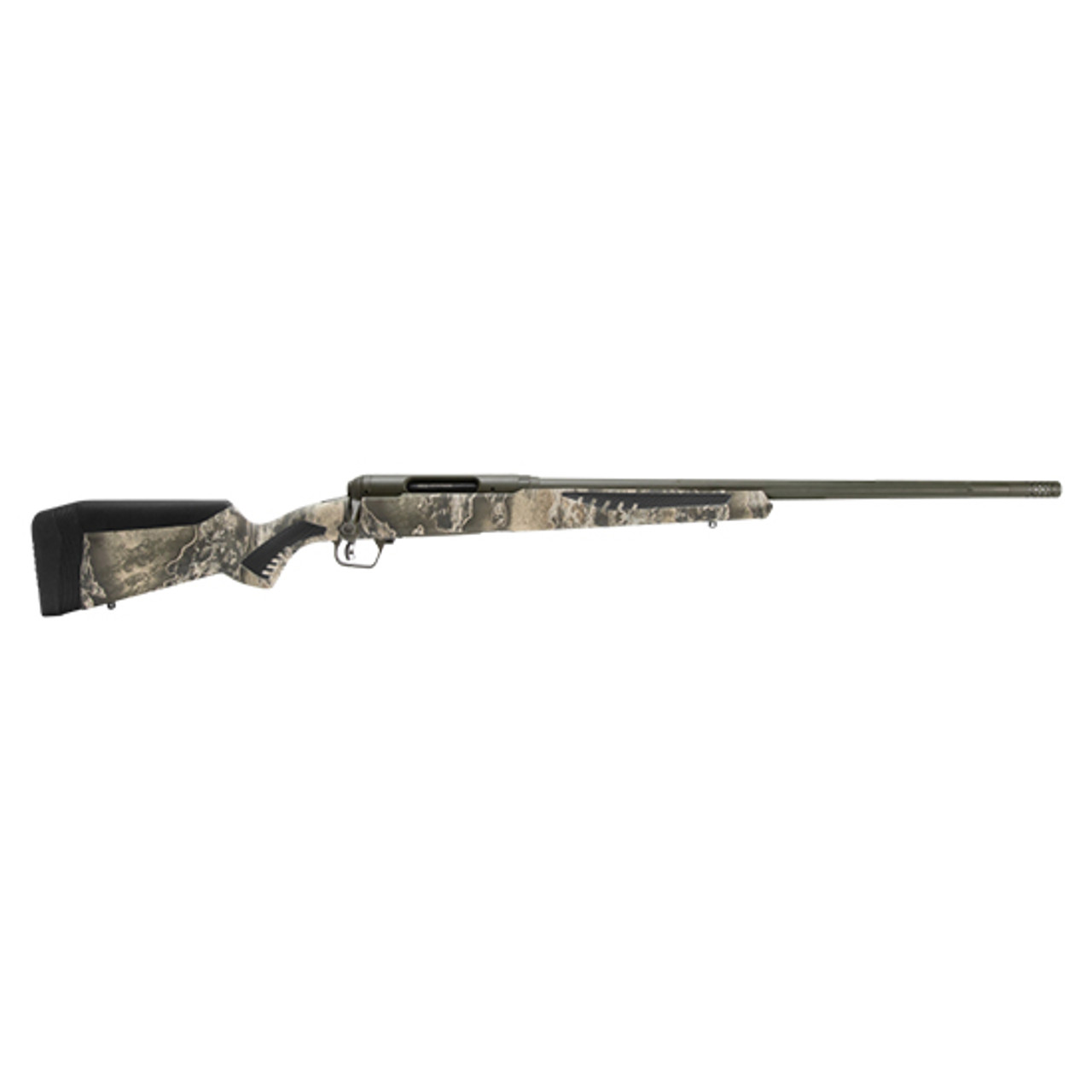 Savage, 110 Timberline, Bolt, Rifle, 243 Win, 22″ Threaded Barrel, Omni-Port Muzzle Brake, Olive Drab Green Cerakote Finish, Realtree Excape AccuFit Polymer Stock, AccuTrigger, Right Hand, 4Rd
