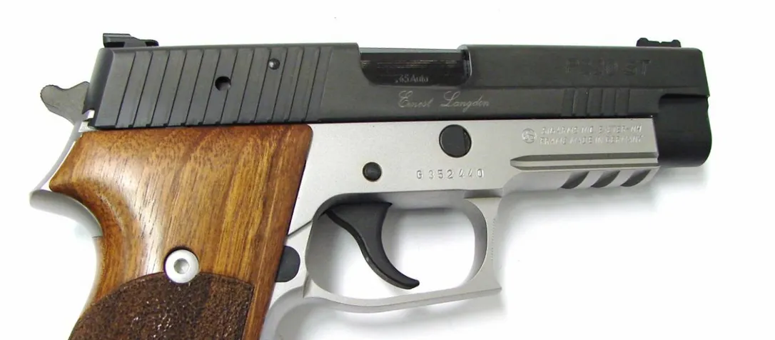 Sig Sauer P220 ST .45 ACP caliber pistol. Ernest Langdon all steel competition model with 2-tone finish and wood grips, Comes wi (PR19974)
