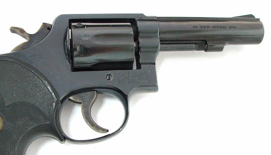 Smith & Wesson 10-8 .38 Special caliber revolver. 1970s vintage 4″ blue model with pinned heavy barrel and slick action job. Exc (PR19676)