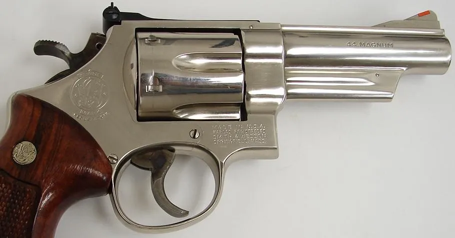 Smith & Wesson 29-2 .44 Magnum caliber revolver. 4 nickel plated model with pinned barrel and recessed cylinder. Excellent cond (pr10645)