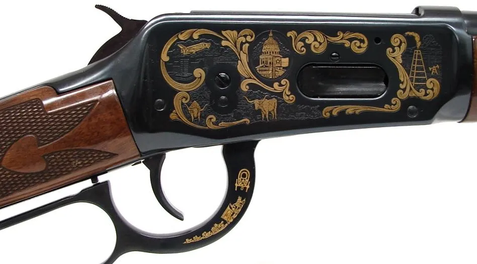 Texas Sesquicentennial 2 Gun Set Numbered pair of .38-55 guns, one Deluxe rifle and one carbine. The rifle is cased in a wooden (com866)