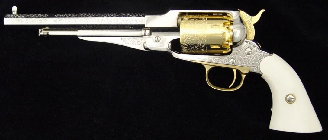 This is a matched pair of engrave limited edition 1858 revolvers with nickel and gold finish. These are Italian made. Comes with (pr12808)