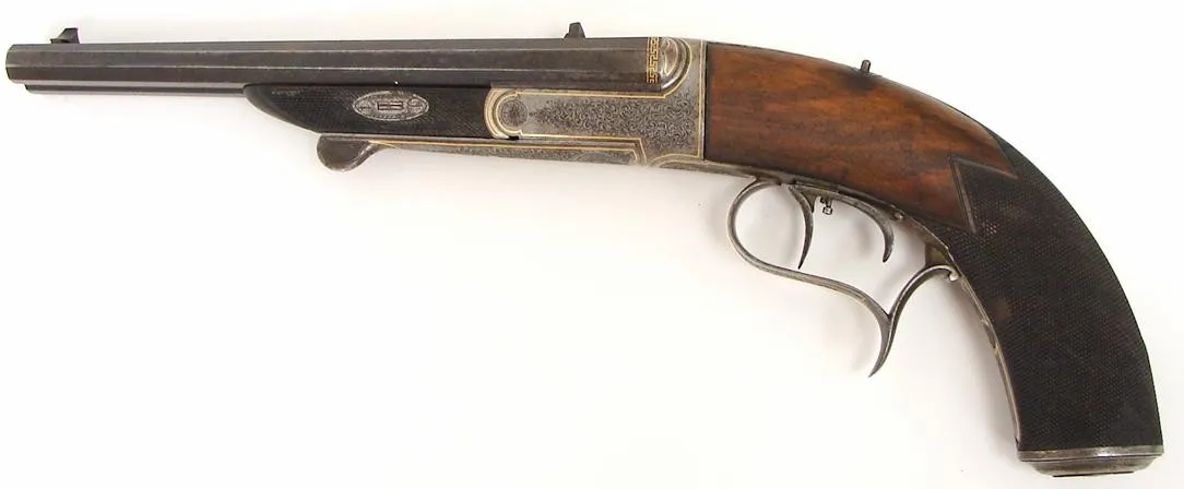 This is a rare German double barrel cartridge target pistol. The barrel is marked with F. Esser V. Haarhaus. We believe they we (ah2503)