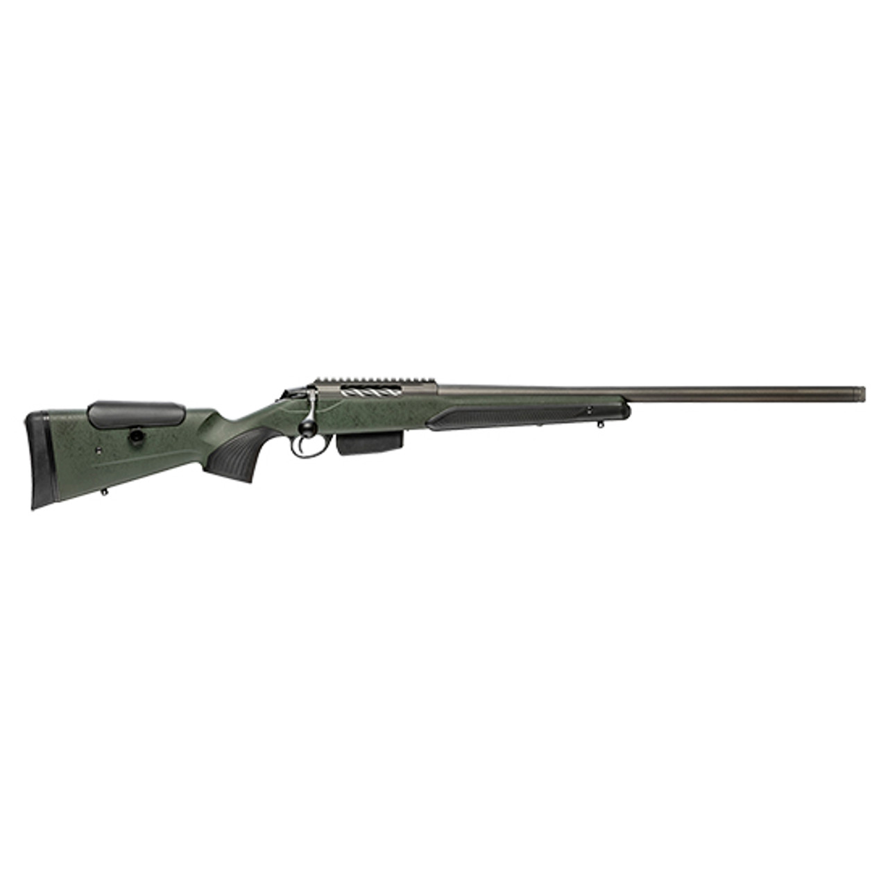 Tikka T3X Super Varmint 243 Win, 20″ Heavy Varmint Barrel, Threaded 5/8×24, Cerakote Finish, Tungsten, Fluted Bolt, Picatinny Rail, Roughtech Finish Synthetic Stock, Green with Black Webbing, 5rd